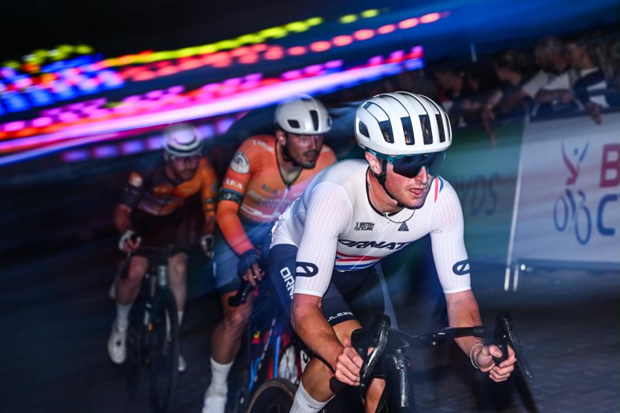 Callum Laborde racing a night criterium under the lights